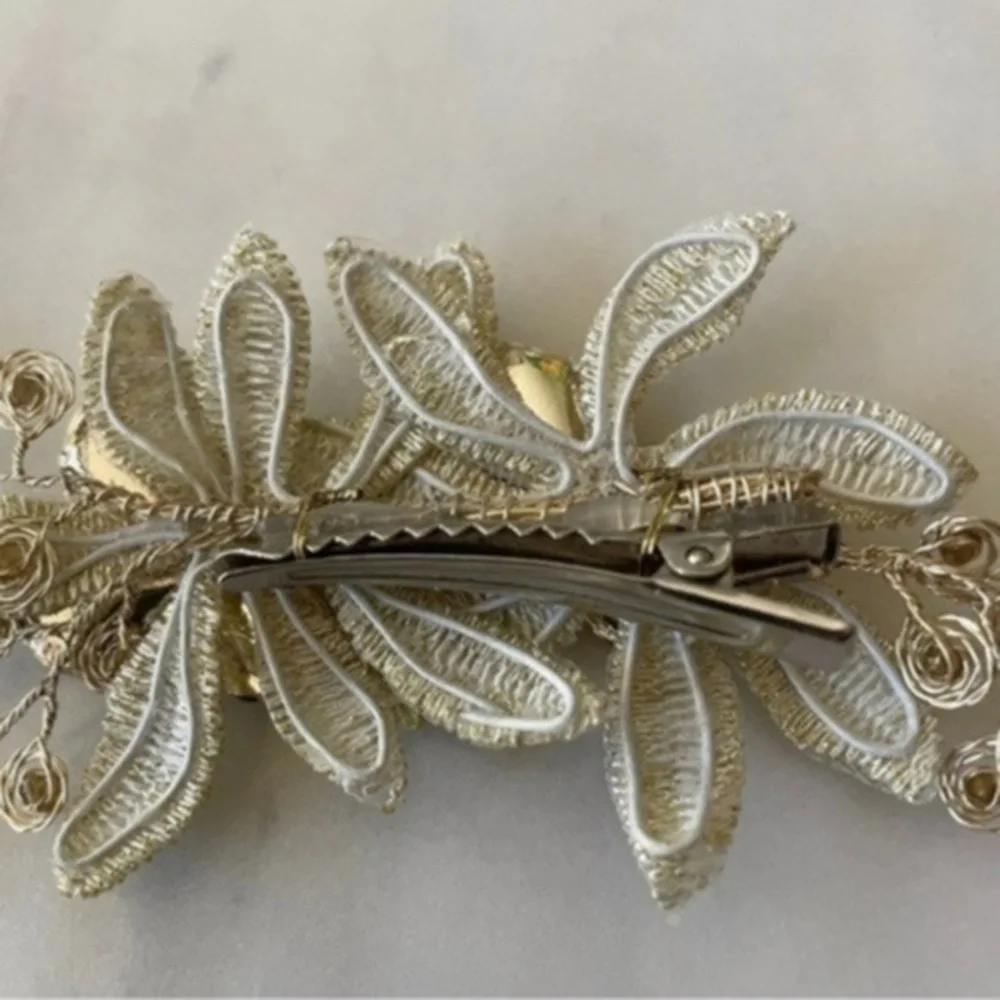 Wedding Hair Clip with Crystals, Metallic Flowers & Leaves​​​​